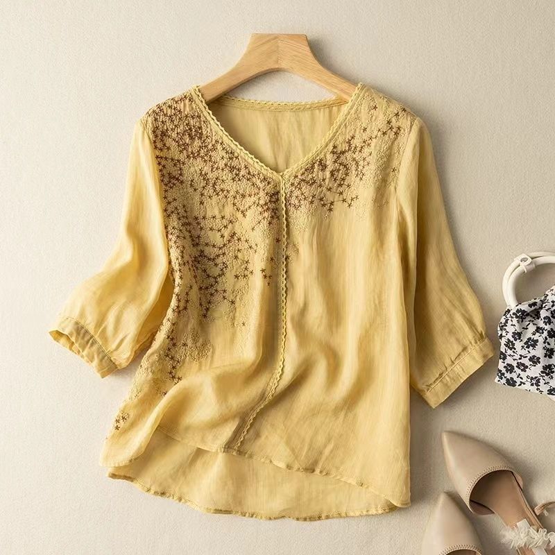 Women's Summer Embroidery Lace Slimming Blouse Boho V Neck Loose Fit Comfy Cotton Linen Tunic Blouse Half Sleeve Tee Shirt Tops