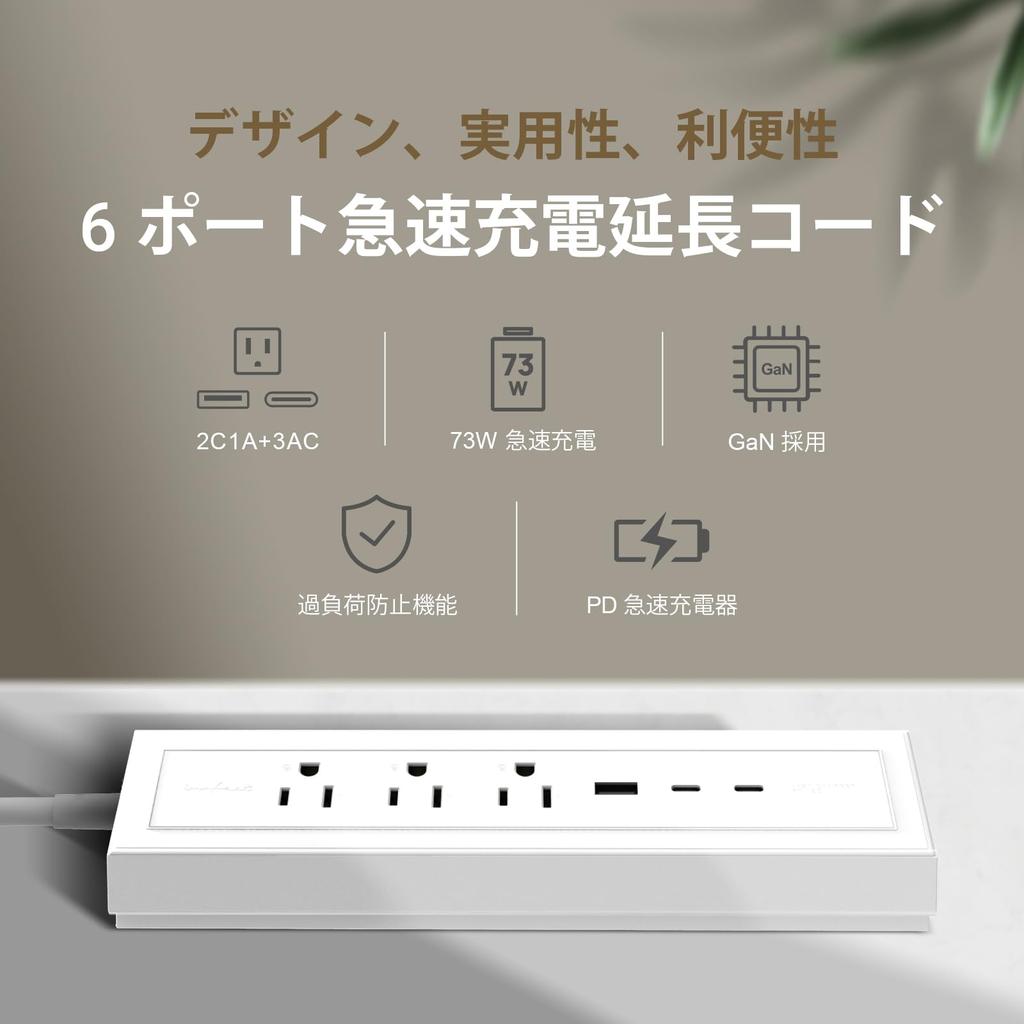 Innfact 73W Rapid Charging Extension Cord Power Tap GaN Gallium Nitride Outlet Tap 3 AC Outlets 2 Ports 1 Port Table Tap Compatible with iPhone iPad