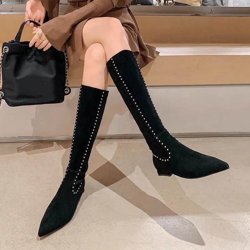 Модные балетки с острым носком женские ботинки челси до колена кожаная обувь осень зима новая мода сексуальные гладиаторские на молнии женские длинные боты