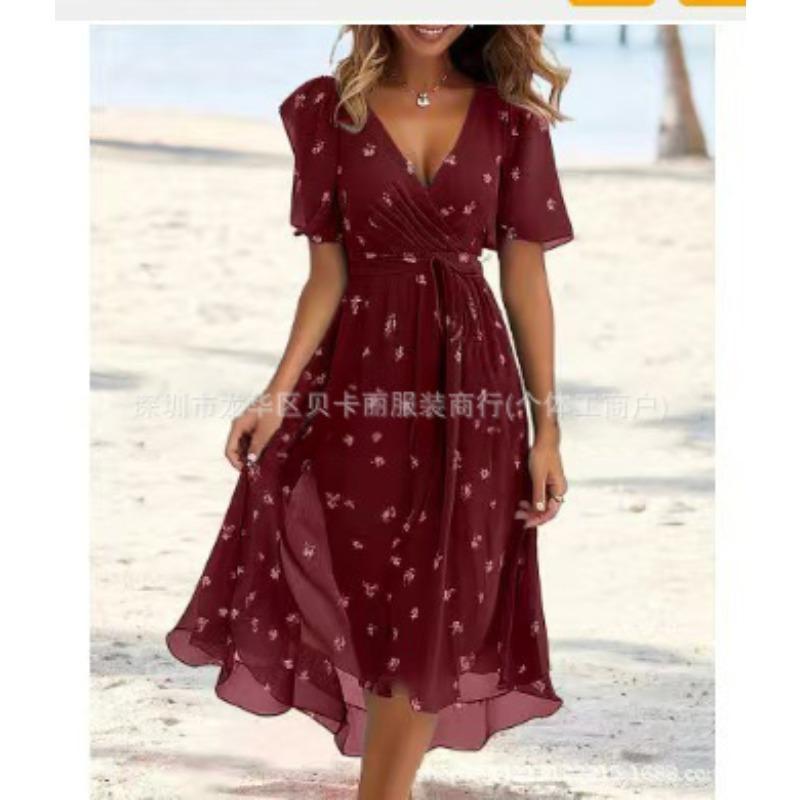 QICED Женская мода лето весна повседневные платья с коротким рукавом и v-образным вырезом