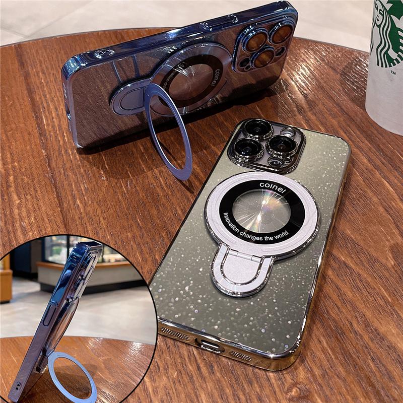 For IPhone 15 Pro Max Luxury Flash Magsafe Magnetic Plating Frame Stand Phone Case for IPhone 12 13 14 16 Plus Protective Cover