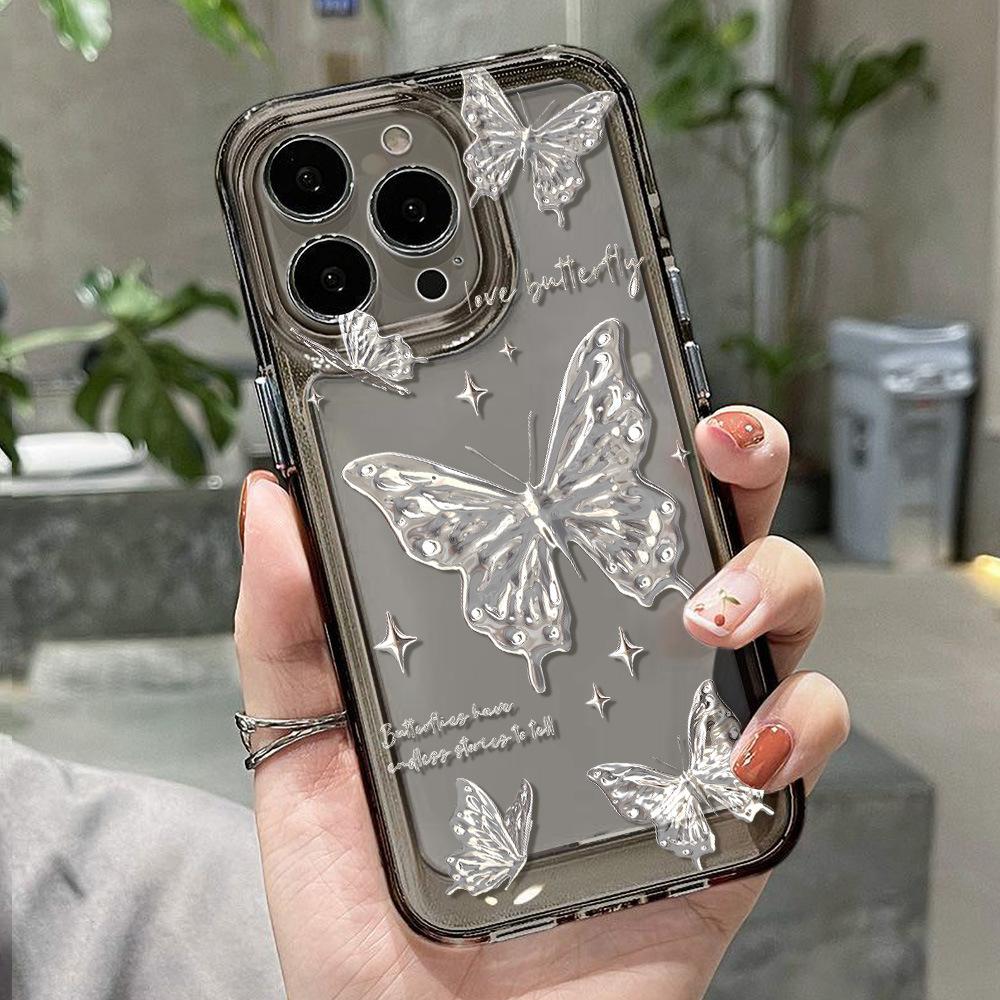 Серебряная бабочка для чехла iPhone17 Pro space phone Apple 16 прозрачный 15/14 продвинутое ощущение 13 мелких отверстий