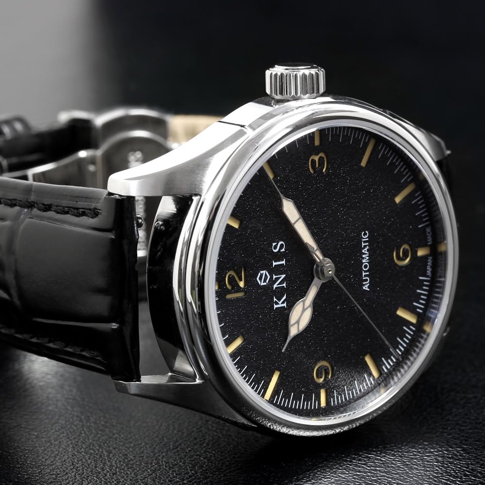 KNIS Лак Сделано в Японии Автоматические часы Ретро Модерн Super Luminova Сапфировое стекло Ремешок из натуральной кожи Водонепроницаемость 10 АТМ Механические Черные