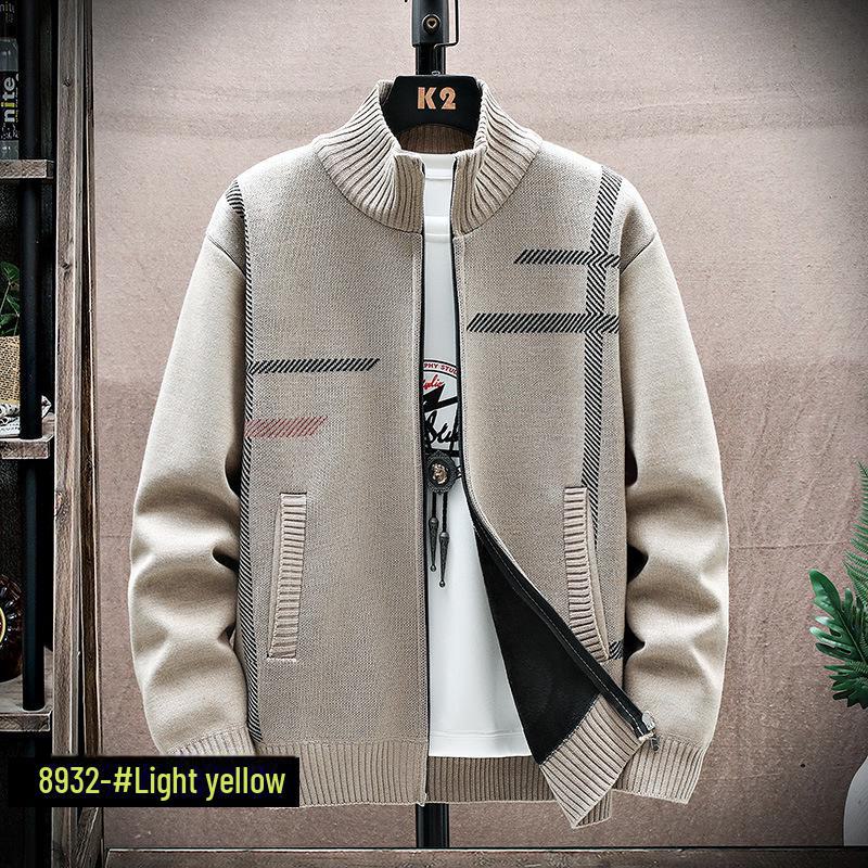 Мужской вязаный кардиган 2023 года на бархатной подкладке: Теплая куртка с принтом, длинными рукавами и воротником-стойкой для осени/зимы.