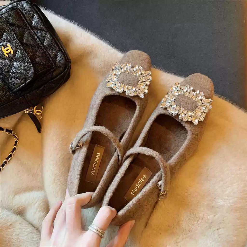 Grape Mother of the Same Style~ Diamond Buckle Small Square Head Velvet with Warm Woolen Thick Heel Mary Jane Single Shoes Women