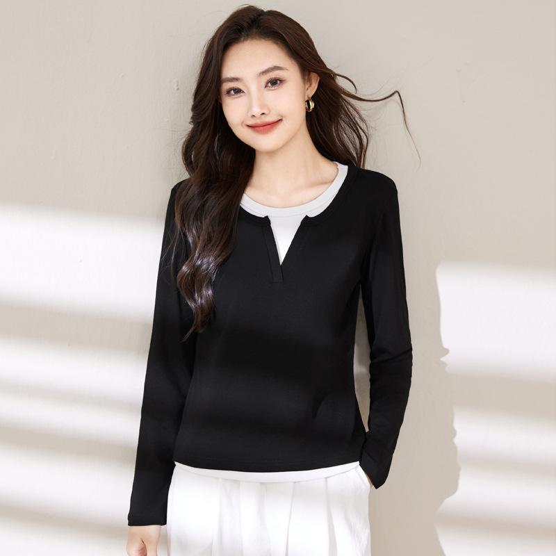 Women's Spring Fashion Simple False Two Comfortable Bottom Slim Slim Sleeved Top