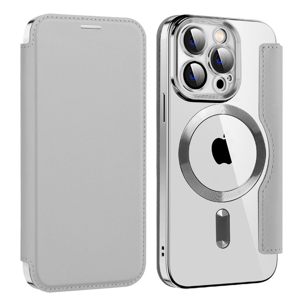 Чехол для iPhone 14 Pro, Совместимый с MagSafe, Блокировка RFID, Слоты для карт, Полностью закрывающий, ТПУ, Гальваническое покрытие, Прозрачная задняя крышка, Чехол-книжка с защитной пленкой для объектива