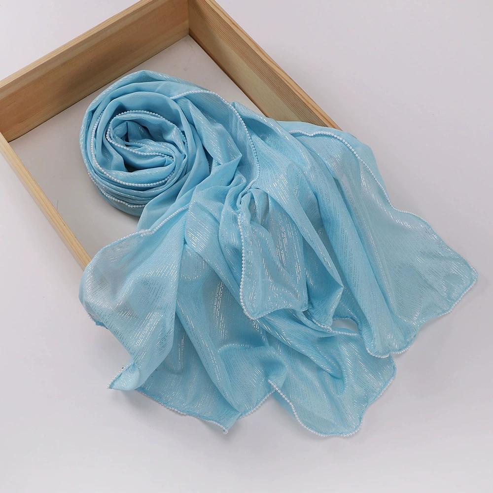 Chiffon Gold and Silver Wire Light Thin Women's Casual Pearl Edge Shawl Headscarf Hijab Scarves