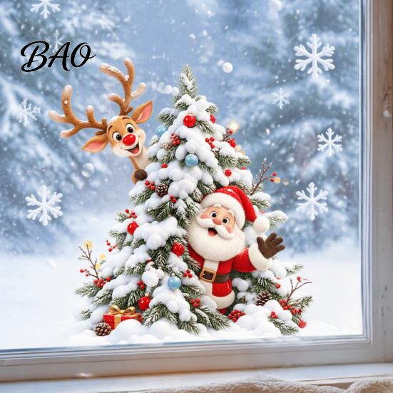 Christmas Window Decals for Home Xmas Tree Santa Sticker, Static Cling Snowy Elk Sticker Decal, Removable Waterproof PVC Decal Glass Doors Windows