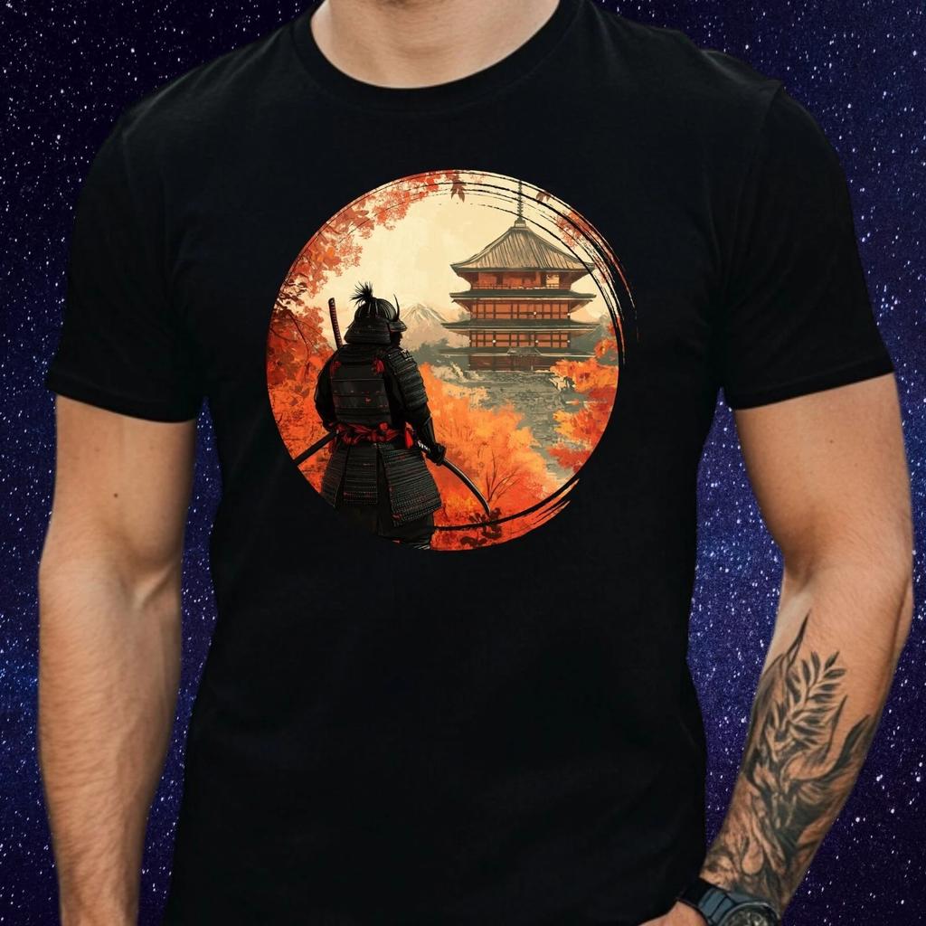 T-Shirt Herren Samurai im Japanischen Tempel Motiv Baumwolle Größe S bis 5XL
