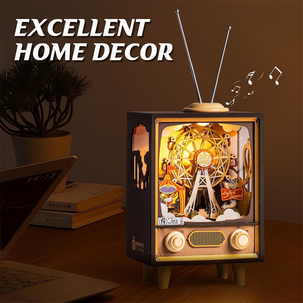 Robotime Wooden Music Box 3D Puzzles DIY Model Kits Book Nook DIY Night Light for Men Women Hobby Sunset Amusement Park