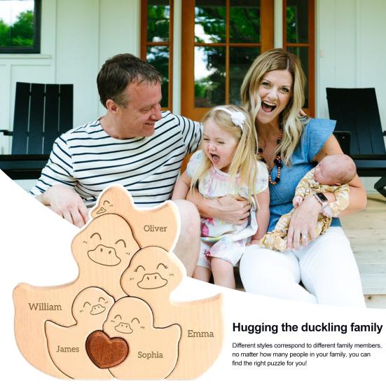 Yousheng 1 Set Wooden Duck Family Puzzle Ornament Love Heart Hugging Mother Father Baby Duck Jigsaw Table Sign Home Office Desktop Decoration