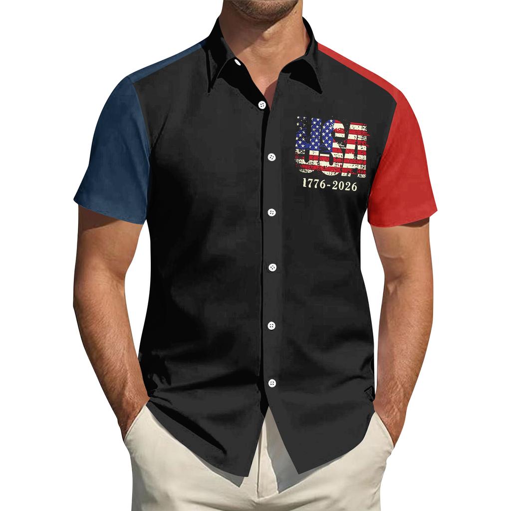 Men's Independence Day Printed Collared Top Men's Casual Sports Short-Sleeve Shirt