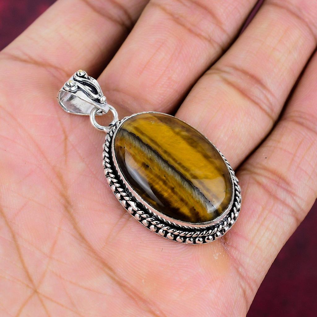 Твердый кулон из стерлингового серебра 925 пробы с тигровым глазом, кулон из драгоценного камня ручной работы, подарок для мамы, антикварные ювелирные изделия