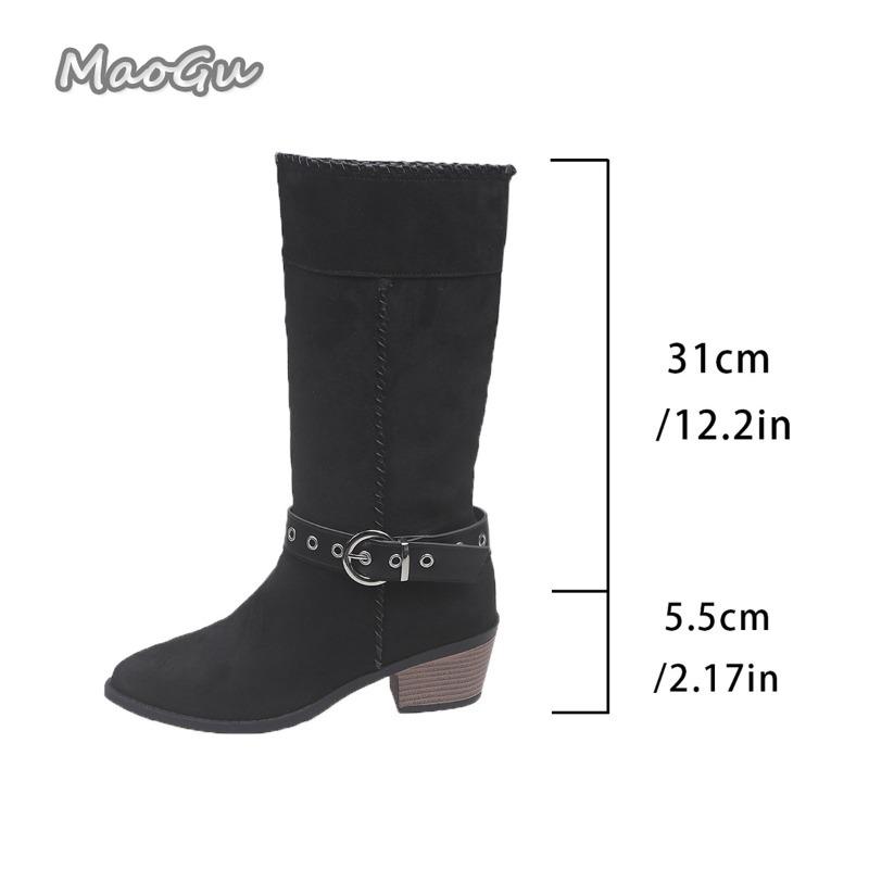 Модная пряжка ремня Высокий каблук Западные полусапоги Женские 2025 Осень Зима Замшевые Винтажные Рыцарские сапоги Размер 35-42 Bottes Femmes Черный