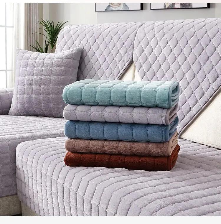 Winter Thick Plaid Plush Sofa Cover Warm Velvet Non-Slip Cushions Living Room Flannel Couch Covers Universal Armrest Back Towel