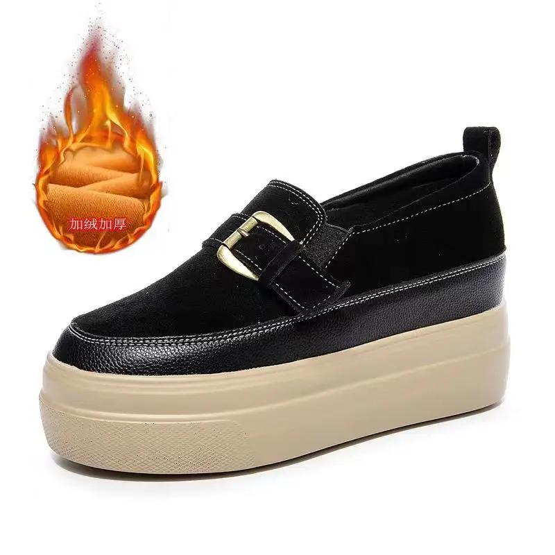 Туфли на толстой подошве женские весенние новые из натуральной кожи универсальные черные повседневные высокие женские туфли на платформе кроссовки высокие (5-8 см