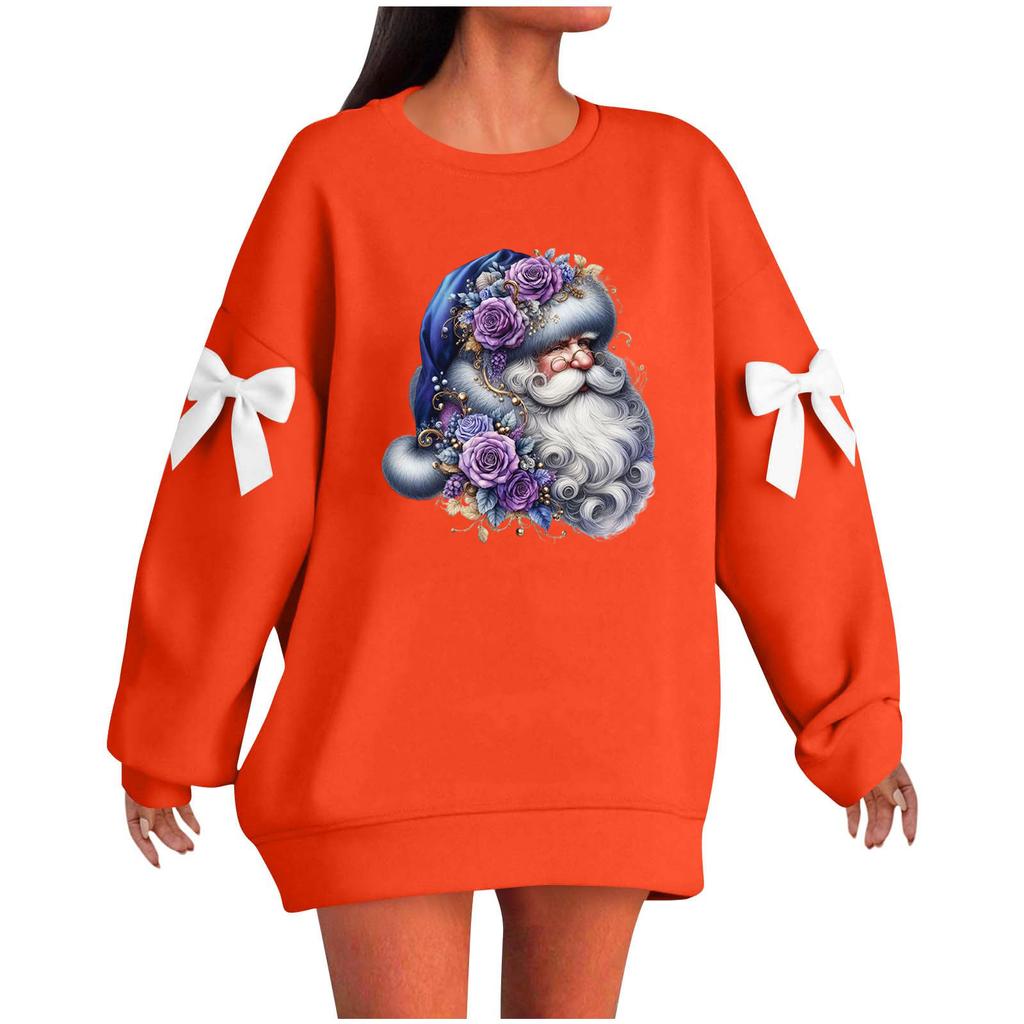 Ladies' Christmas Printed Bow Round Neck Long Sleeved Loose Pullover Sweater Sweatshirt Top