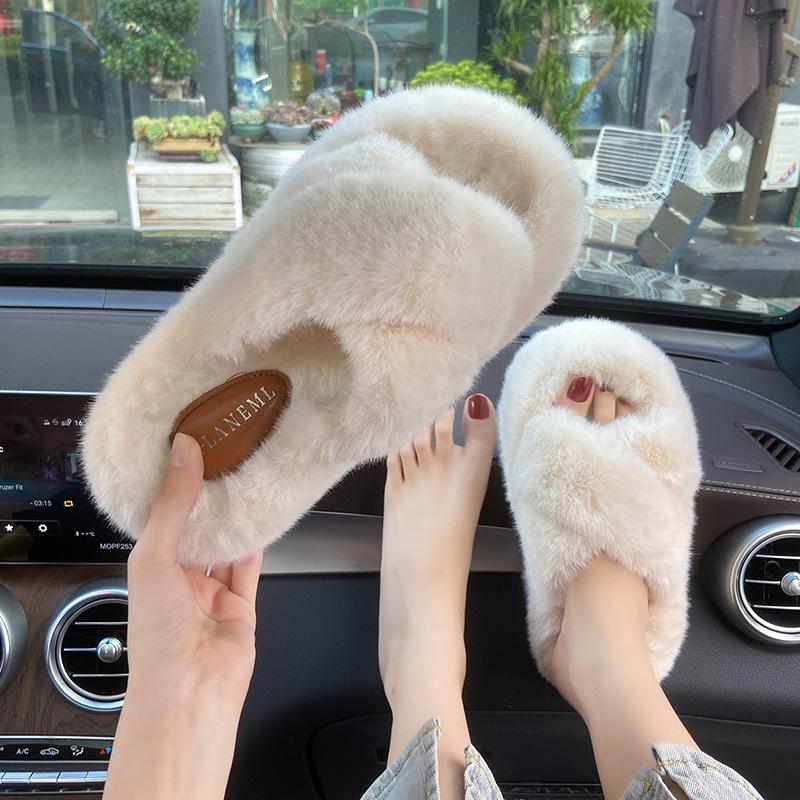 7Cm cross hairy slippers women's 2025 autumn and winter new thick-bottomed warm word lazy thickened cotton slippers women