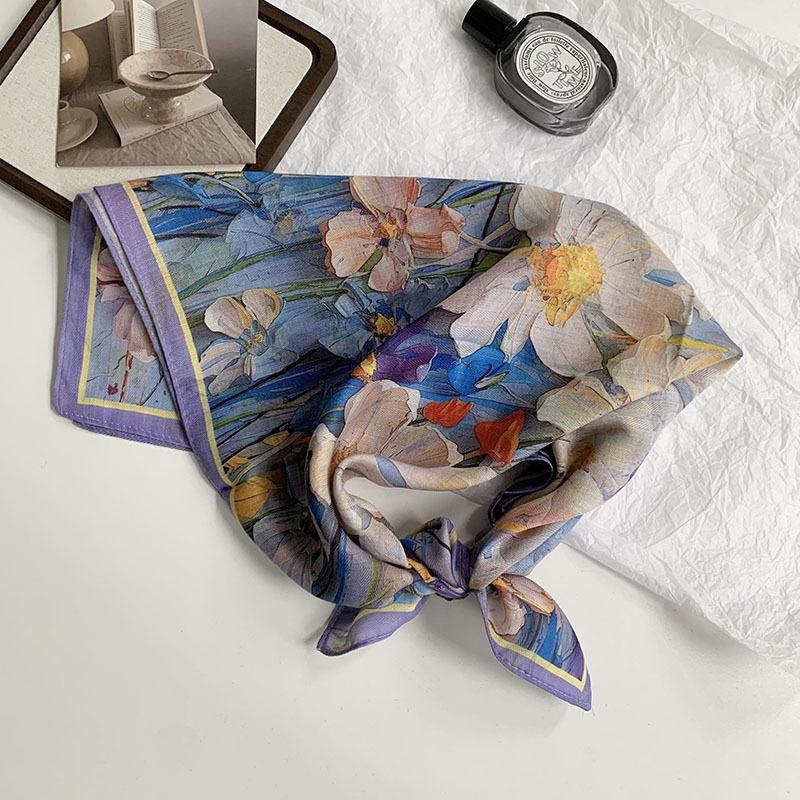 70 Double-sided Silk Scarf, Small Square Scarf, Scarf, White Rose Linen Silk Scarf, New High-end Scarf, Shawl Cover.