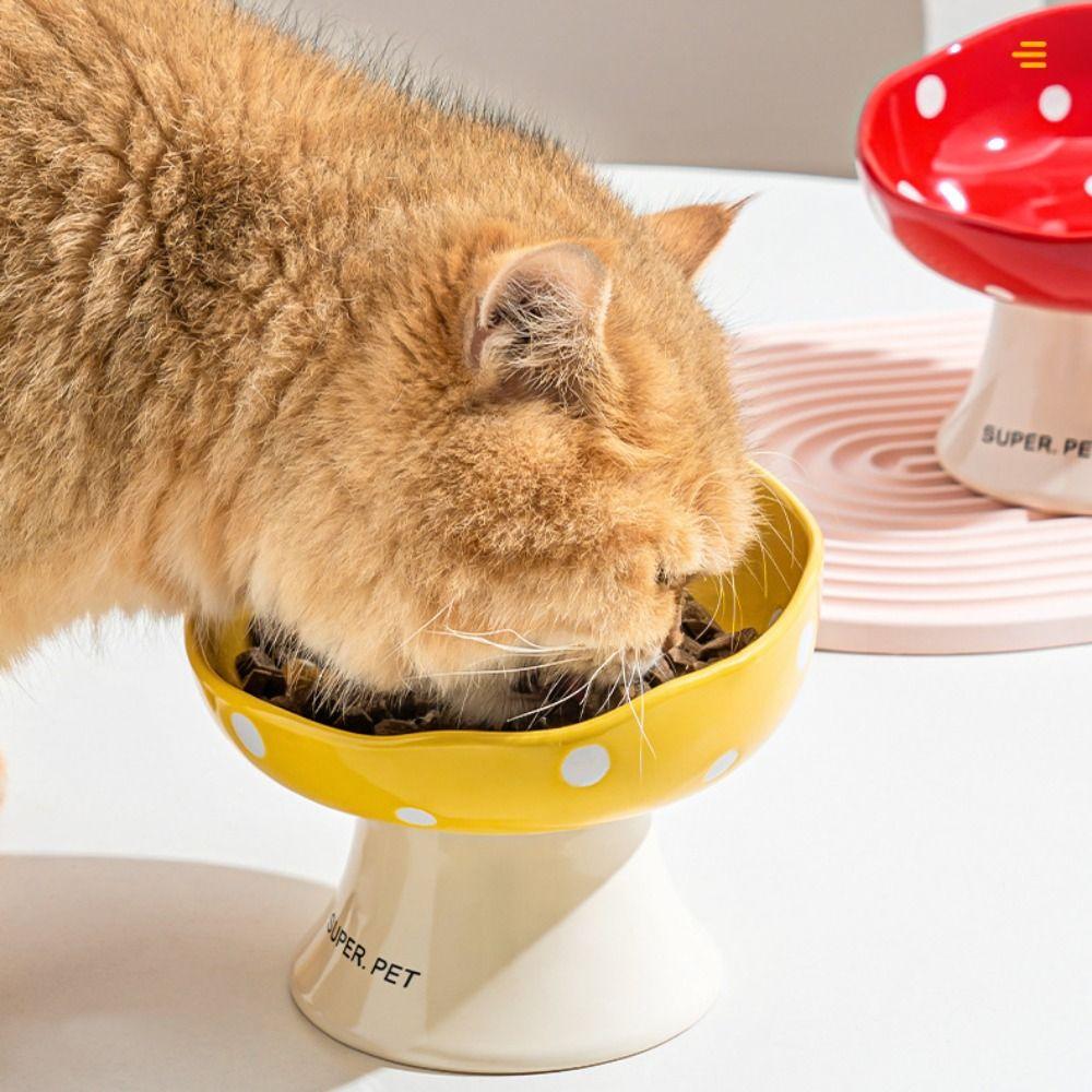 Cute Mushroom Cat Bowl Ceramic Pet Drinking Feeder Dog Food Feeding Basin Neck Protection