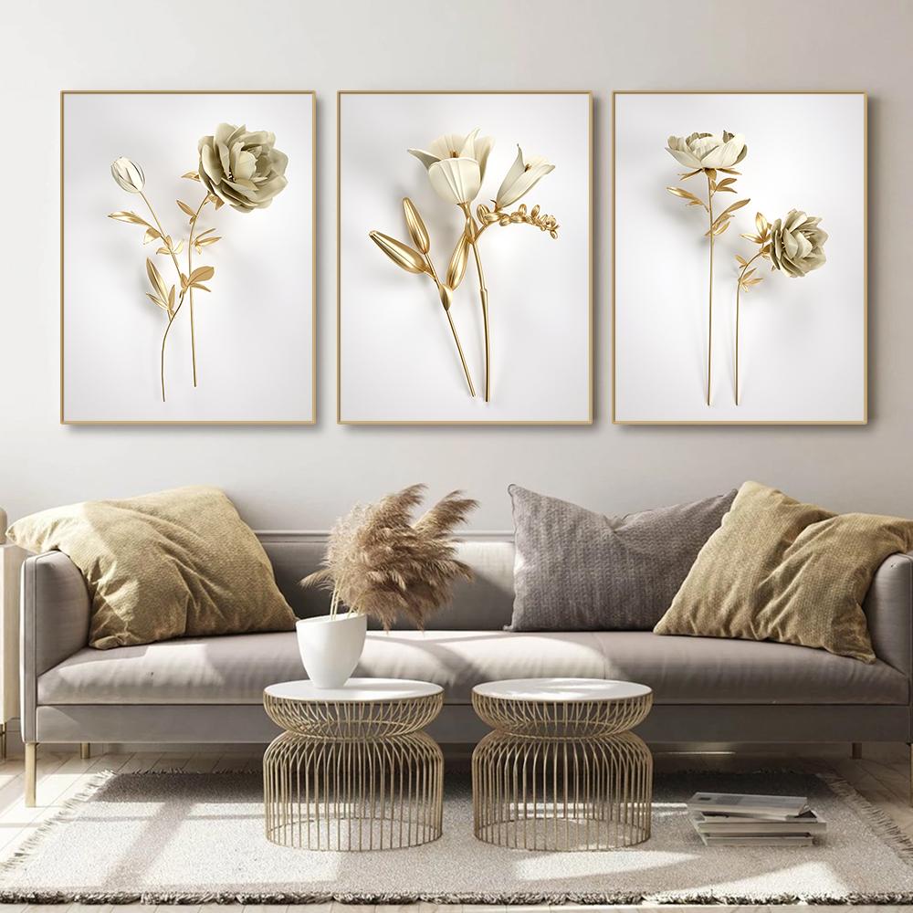Modern 3D Visual Wall Art Canvas Painting Nordic Golden Flower Posters And Prints Pictures for Living Room Corridor Home Decor