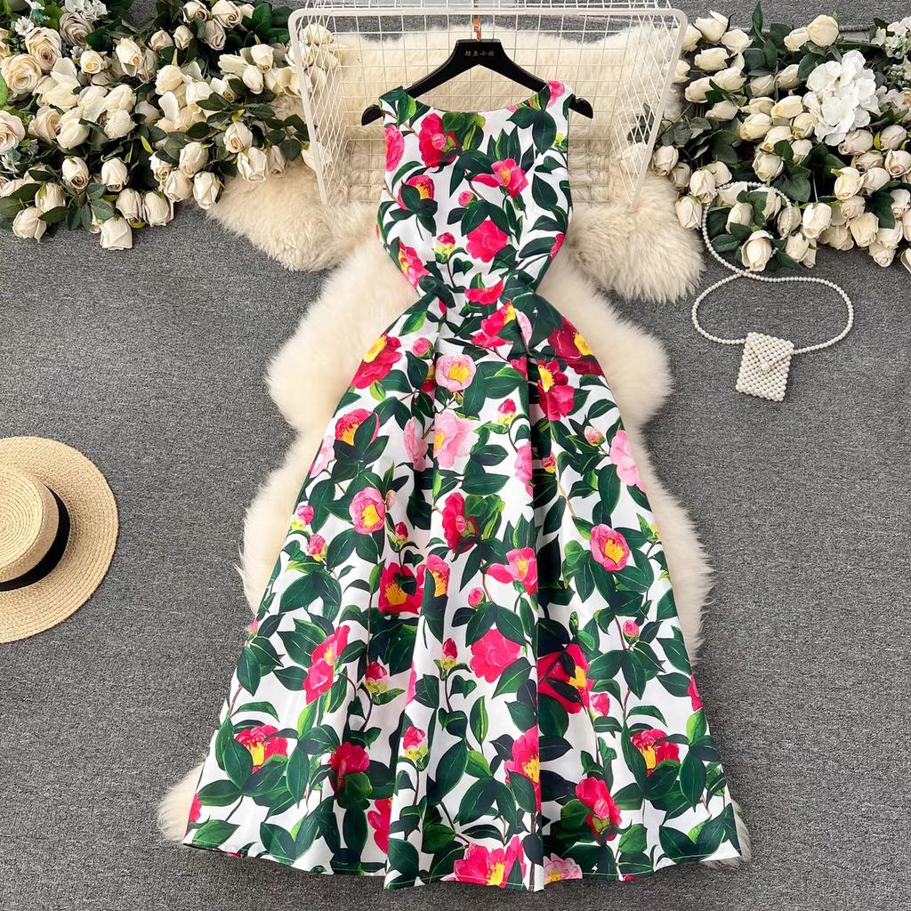 Женское платье-майка с цветочным принтом, элегантное модное летнее платье трапециевидной формы с круглым вырезом без рукавов и высокой талией, вечернее платье-майка для взлетно-посадочной полосы