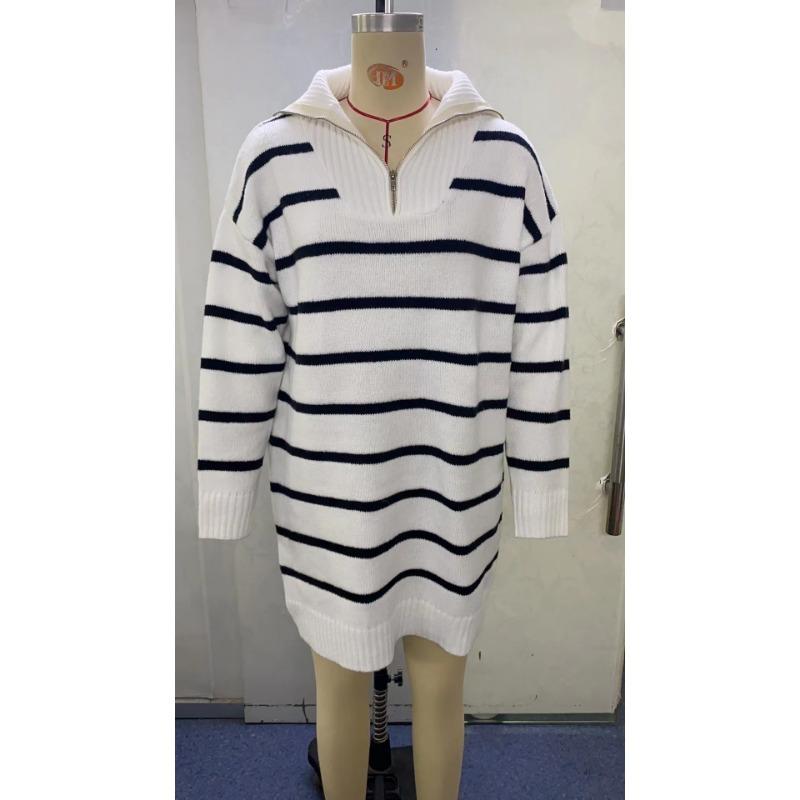 Осенне-зимние женские свободные повседневные трикотажные платья в полоску с V-образным вырезом и длинными рукавами