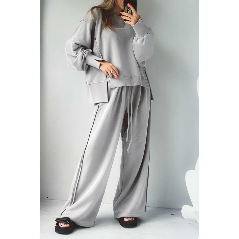 New Autumn and Winter Women's Fashion Casual Set Solid Color Long-sleeved Shirt Long Pants and Round Neck Two-piece Set