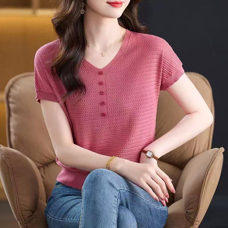 Летняя женская трикотажная футболка с коротким рукавом, трикотажный свободный топ, стройнящая мама