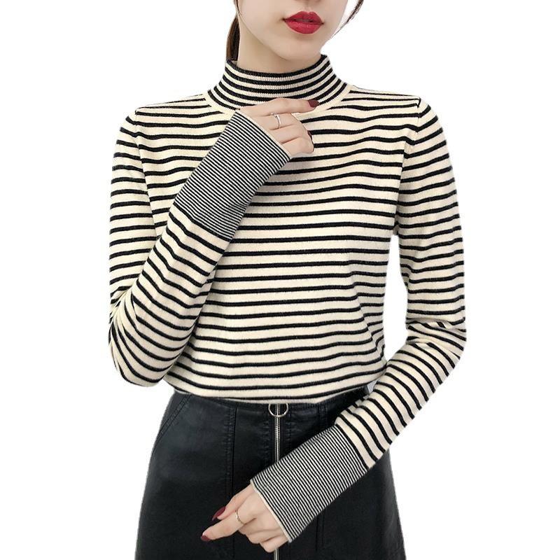 Осень-зима, новая полосатая вязаная нижняя рубашка с полувысоким воротником, женский свободный внутренний пуловер, свитер, топ