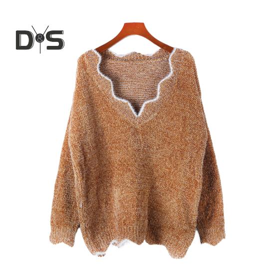 Женский свитер с длинным рукавом, свободный крой, V-образный вырез, вязаный свитер, женский повседневный джемпер, пуловер, топ для осени и зимы