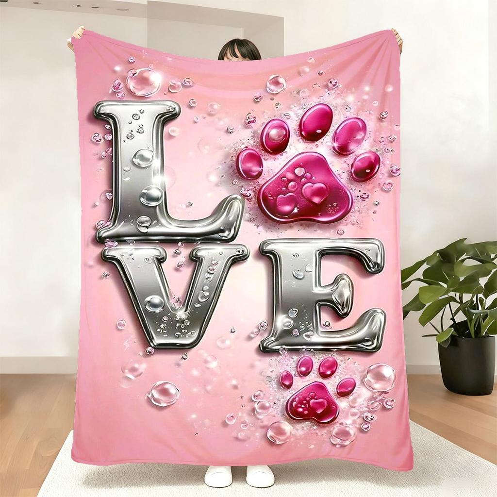 Pink heartshaped paw print pattern Flannel printed blanket suitable for all seasons suitable for living room office sofa travel