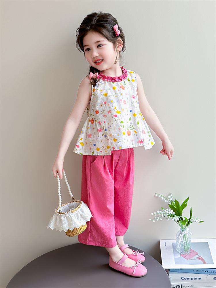 Girl's thin set for summer 2026, new baby fashion floral vest for summer, sweet two-piece set for children