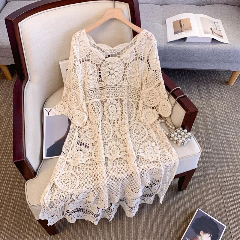 Dimanaf 2025 New Summer Women Long Knitted Dress Asymmetry Sleeve Basic Fashion Lace Dresses Casual Loose