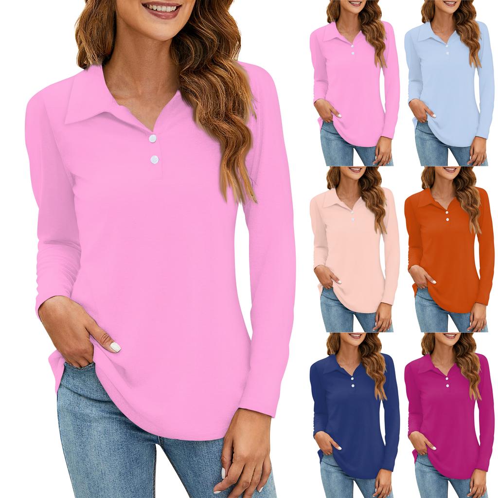 Women's Fashion Solid Color Button Collar V Neck Long Sleeve Loose Shirt Tops