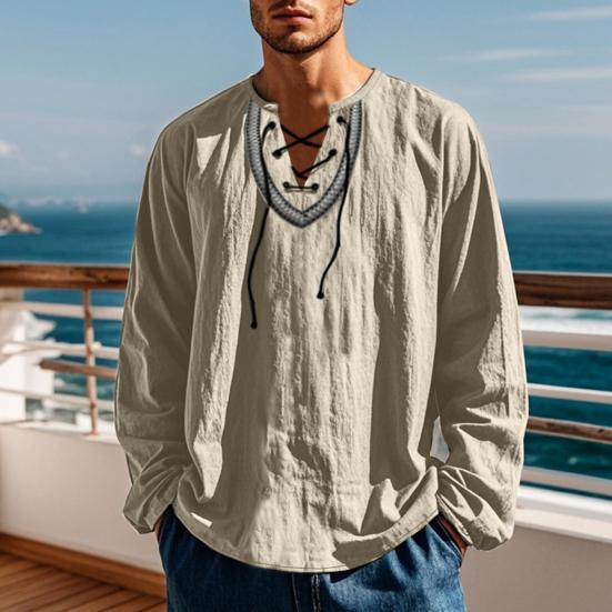 Мужская повседневная рубашка со шнуровкой и V-образным вырезом, свободный крой, длинные рукава, винтажная этническая рубашка в стиле бохо, весна-осень, дышащая хлопковая мужская толстовка, топ