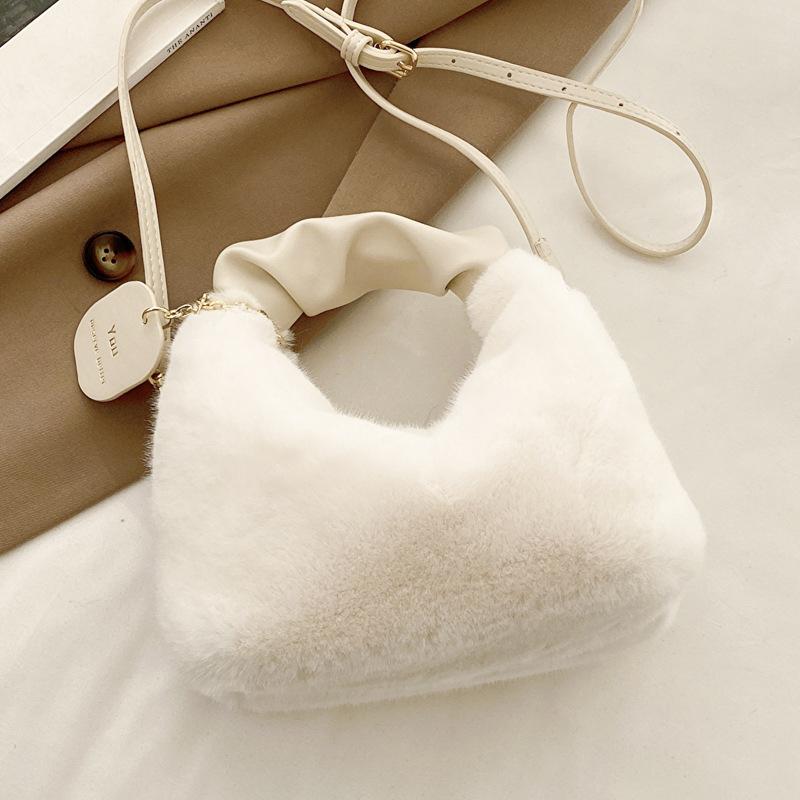 Yogodlns Women Faux Fur Plush Handbags Ruched Handle Small Lady Shoulder Crossbody Bag Casual Half-Moon Hobos Winter Bags for Women