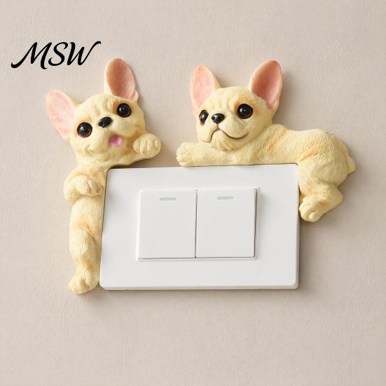 Frenchie Wall Art Decal 3D French Bulldog Resin Light Switch Cover, Cute Cartoon Dog Socket Creative Ornament Decor, Self-Adhesive Animal Plate