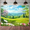 2D plane 1pc large spring meadow flower background with lush green hills wildflowers and daisies - Easter