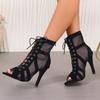 Aneikeh 7CM Middle Heel Ankle Strap Hollow Out Mesh Ankle Boots 2023 Fashion Summer Lace Up Cross-tied Peep Toe Surface Women Dress Shoes Size 35-43