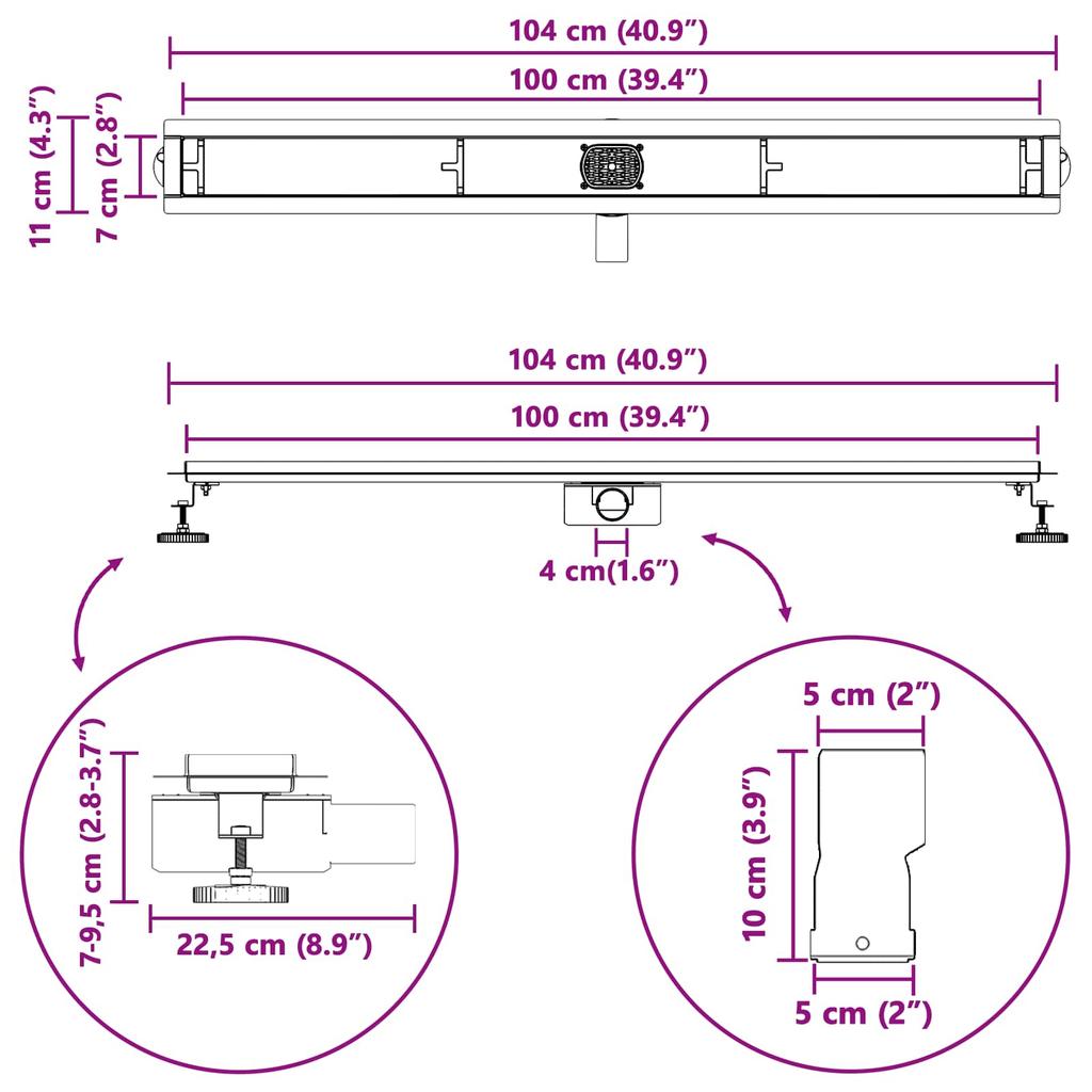 Shower Drain with Glass Cover and 360 degrees Siphon Black 100 cm