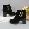 Autumn/Winter Block Heel Boots Women's New Round Toe Bull Suede Metal Buckle Platform Side Zip Non-Slip High Heels