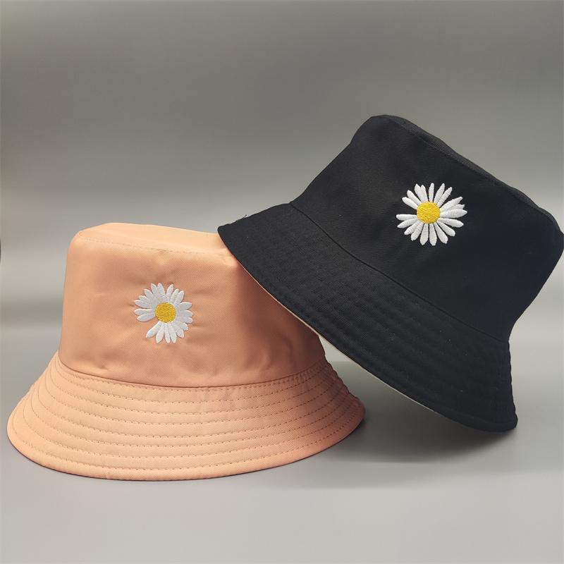 New Double-side Unisex Harajuku Bucket Hat Fishing Outdoor Cap Women Bucket Fishing Hat Sunscreen Daisy Embroidery Fisherman Hat