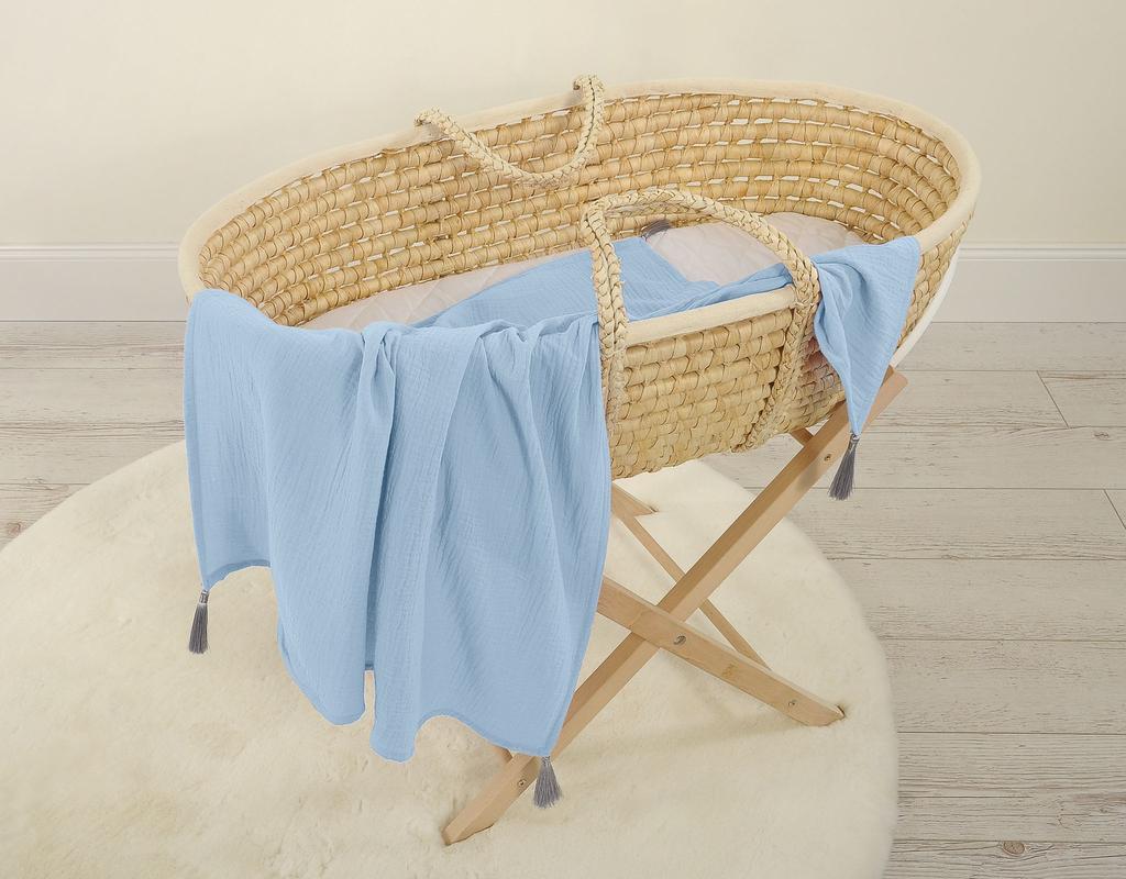 Muslin baby blanket with tassels - blue