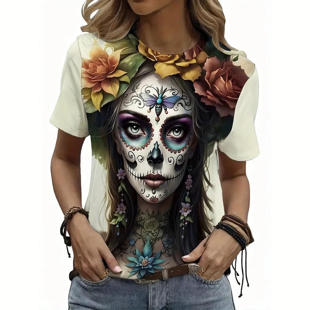 Женская повседневная футболка с принтом скелета, топ с круглым вырезом, летняя футболка с коротким рукавом, женская свободная одежда, модный уличный пуловер