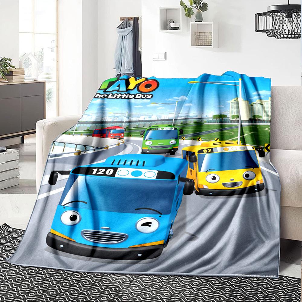 Tayo the Little Bus Print Flannel Blanket High Quality Warm Comfortable Cover for All Seasons Perfect for Gifts Home Decor