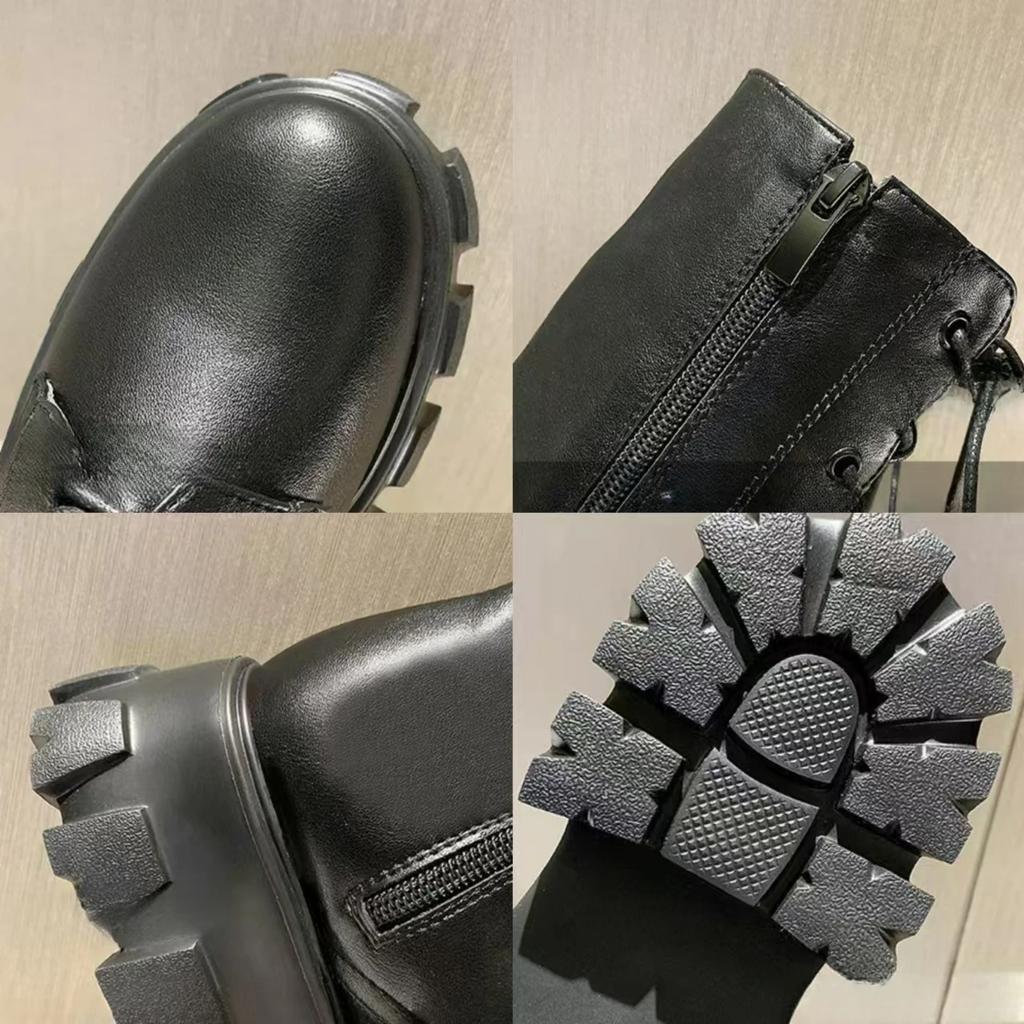 Mid Calf Boots Lace-up Women's Boots Pu Leather Platform Boot Non-Slip Zipper Ankle Boots Fashion Chunky Heel Women Shoes Botas