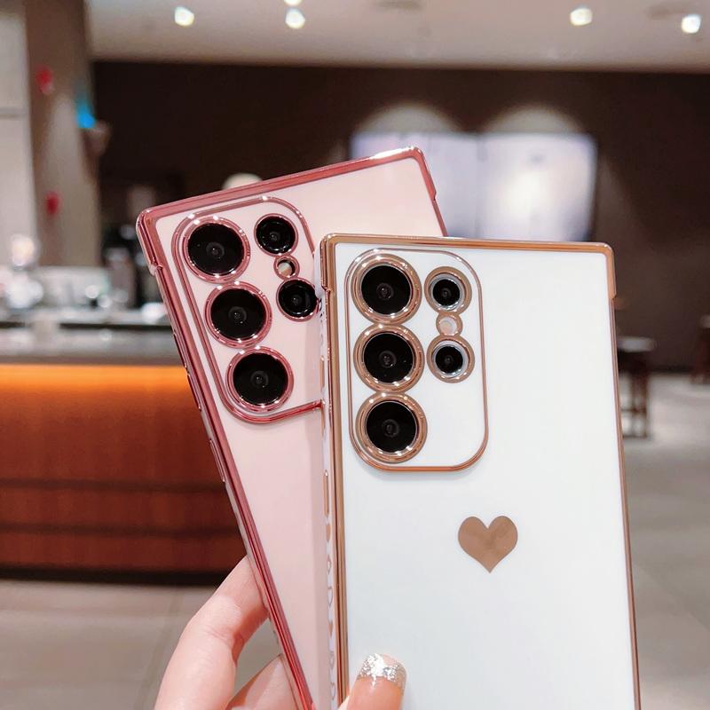 Solid Color Love Heart Print Slim Case For Samsung Galaxy S25 Ultra S24 FE S23 S22 S21 A16 A55 A15 A35 A25 A14 Plating TPU Soft Shockproof Phone Cover