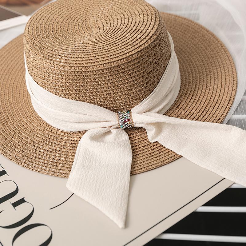 Women's Fashionable Straw Sun Hat with Floral Bow, Summer Beach and Seaside Protection